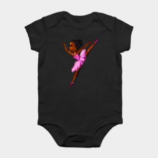 Black ballerina girl with corn rows ! beautiful  black girl with Afro hair and dark brown skin wearing a pink tutu.Hair love ! Baby Bodysuit